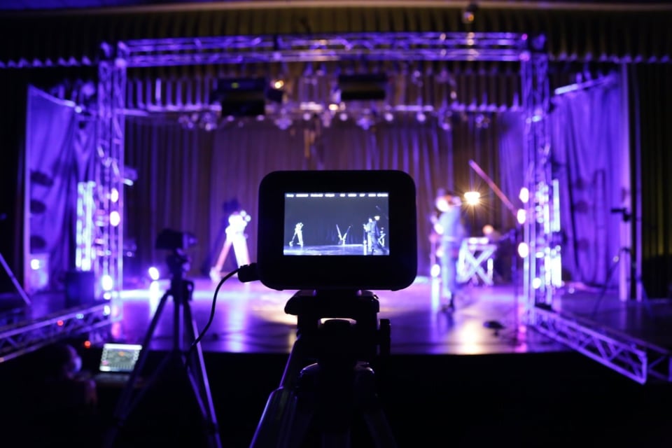 Eine Theatervorstellung wird per Video aufgenommen Una cámara de video graba una presentación de teatro
