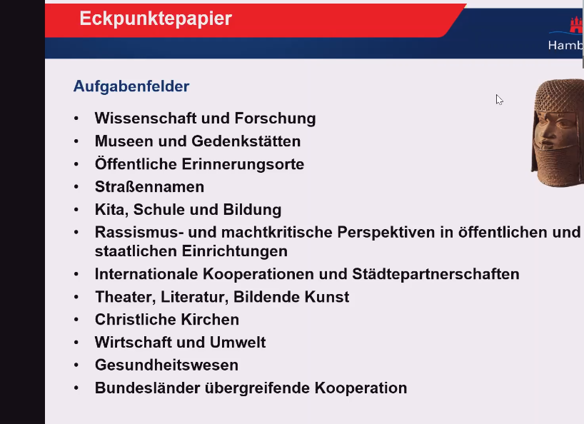 Screenshot: Aufgabenfelder vom postkolonialen Prozess in Hamburg - Campos de trabajo del proceso postcolonial en HaACmburgo
