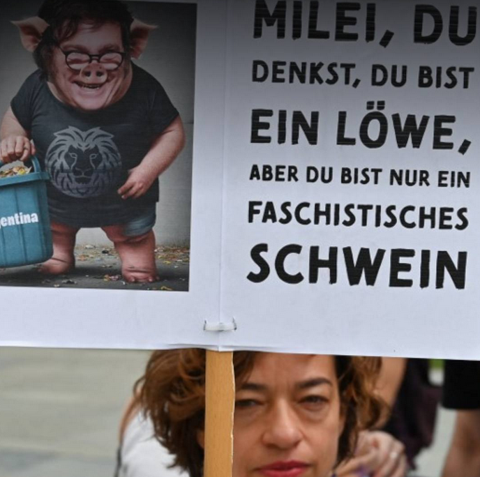 Ein Transparent auf der Demo gegen Milei in Hamburg Una pancarta en la demo contra Milei en Hamburgo.