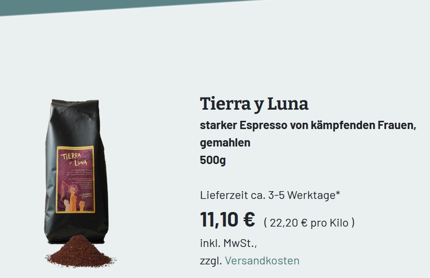 Starker Espresso von kämpfenden Frauen. Foto einer Kaffepackung. Espresso fuerte de mujeres luchadoras. Foto de un paquete de café. 